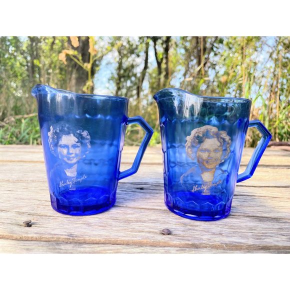 Antique 1930s 2 Shirley Temple Creamer PItchers Blue Hazel Atlas - Picture 1 of 11